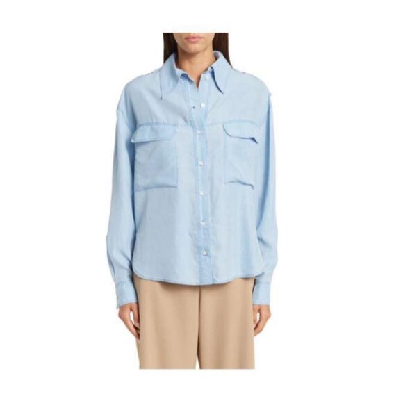 Stella McCartney Tops - Stella McCartney Womens Blue Silk Collared Long Sleeve Button Blouse Sz 10 New